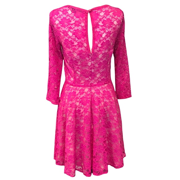FRENCH CONNECTION FUCHSIA PINK LACE LIZZIE FIT & FLARE LONG SLEEVE DRESS - www.mordernwear.com FRENCH CONNECTION FUCHSIA PINK LACE LIZZIE FIT & FLARE LONG SLEEVE DRESS - www.mordernwear.com